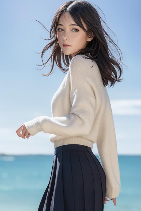 1girl,solo,happy, closed mouth ,
from side, standing, 
looking at viewer,cloudy ocean,sweater,(pleated skirt),unparalleled masterpiece, photo referenced,best quality, ultra high res, (photorealistic:1.4), 
 <lora:ZhaoJ1nma1-000009:0.7>  >