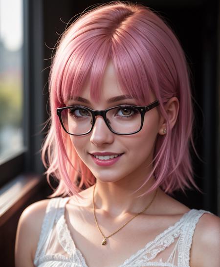 (Realistic),masterpiece,best quality,cinematic lighting,natural shadow,looking at viewer,Worm's Eye View,edgCorset,1girl,photo of a cute girl,full body,light smile,charming,20yo,glasses,Side-swept bangs Hair.Hair between eyes,Hot pink hair,Lace-up,Inlay,Raw photo,8k,uhd,dslr,soft,lighting,high quality,film grain,hyperrealismus,hyperrealistic,Atmospheric,Realistic Skin Texture,realistic hair details,ultra quality,best quality,Hyper Realism,