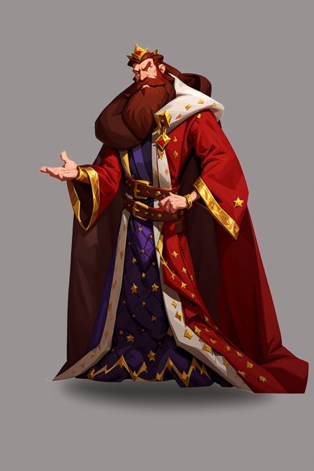 es,longconcept art, european and american cartoons, game character design, beard, male focus, solo, 1boy, jewelry, gray background, holding, crown, jewel, brown hair, simple background, robe, full body, belt, standing, cape, wide sleeves, long sleeves<lora:oukaV5:0.8>,