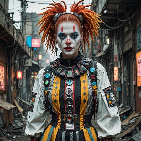 woman,classical realism, clown, bohemian outfit, acidwave, Cyberpunk fashion style, inspired by futuristic dystopian settings, features high-tech and futuristic clothing, incorporates elements of technology and urban culture, promotes a bold and avant-garde aesthetic