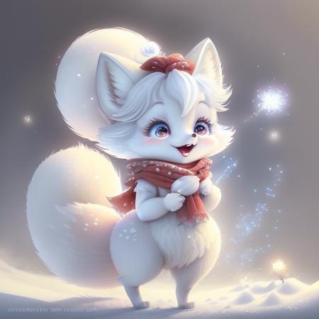 pixar style, a cute and sweet happy white fairy fox, Wearing a red scarf, singing, blue eyes long eyelashes, Happy sweet smile, open mouth.shiny snow white fluffy, fluffy tail, fairy tale, fireworks shine, bright color, natural light, face focus <lora:FairyTaleV1a_SD1.5:0.7>