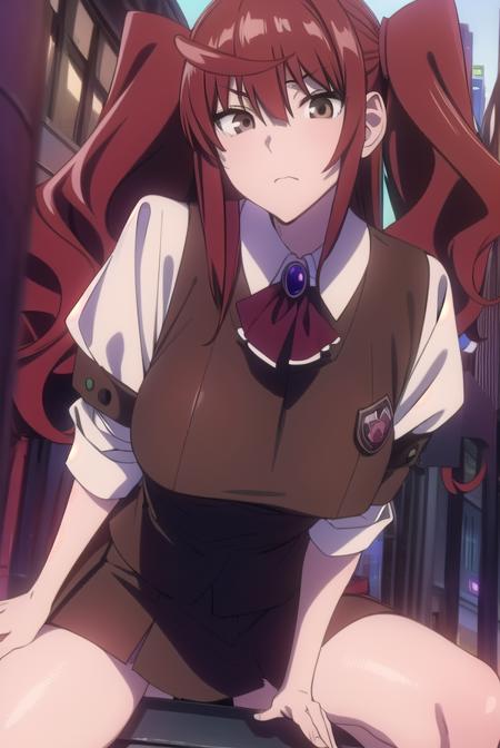 erikakuramoto, <lyco:erikakuramoto-LYCORIStest:1>,
erika kuramoto, twintails, (red hair:1.5), two side up, (brown eyes:1.5), hair between eyes, (large breast:1.2),
BREAK collared shirt, shirt, ascot, red ascot, juliet sleeves, short sleeves, sweater, brown sweater vest,
BREAK looking at viewer,
BREAK indoors, classroom,
BREAK <lora:GoodHands-vanilla:1>, (masterpiece:1.2), best quality, high resolution, unity 8k wallpaper, (illustration:0.8), (beautiful detailed eyes:1.6), extremely detailed face, perfect lighting, extremely detailed CG, (perfect hands, perfect anatomy),