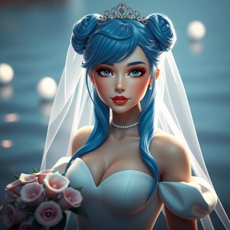 Snuddy, Blender,a realistic and detailed, sweet 18 years old girl, realistic style, infinite ultra high definition image quality and rendering, infinite image detail, infinite realistic render, infinite realistic lightning detailed water, realistic, perfect tits, crsna, blue hair, double bun, blue eyes, tiara, lipstick, detached collar, white dress, strapless dress, cleavage, wedding dress, detached sleeves, veil,  masterpiece, cinematic light, tits visible, tits focus, hyper detailed,
, narrow waist, gigantic wide hips, (gigantic thighs:1.2), (gigantic breasts:1.2), hanging breasts, (hyper butt:1.0), (hyper breasts:1.2), large areolae, huge nipples,realistic, ultra-detailed face, ultra-detailed eyes, clevage, sexy, charming, seducing, gr4cieb0n, wide hips, thick thighs, bbl, gigantic ass, look from side, showing ass, spread ass