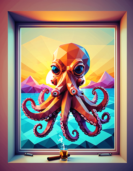 polygon style, low-poly animal, angular shape,
geometric octopus smoking a cigar,
clean polygon edges, symmetrical design, digital art,
<lora:Polygon_Lora_XL:1>
background polygonal sunset from window
