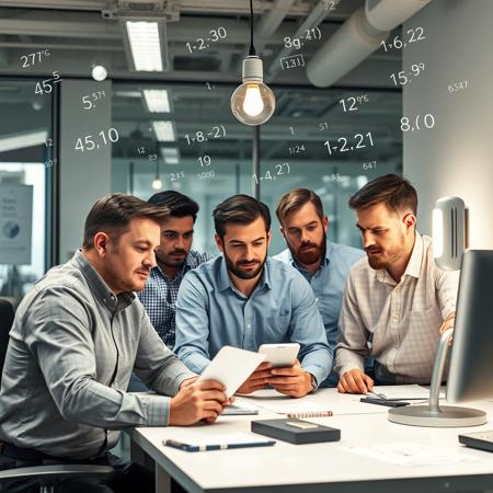 5 mans in office looking on light switcher and thinking how can they turn it on one of them looking for a ticket about it in his phone, around them are flying a mathematic formulas and numbers
