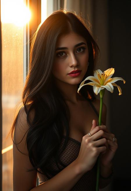 A beautiful woman long dark hair wearing see trough lingerie standing holding a dalia flower , positioned against a slightly dark sunlit background. The scene is subtly backlit — the sun is low and warm, casting a soft glow behind the the woman face, with gentle highlights replicating on the window. The face glimmers slightly from the sunlight, but the overall lighting is moody and atmospheric. The background is slightly blurry (shallow depth of field), helping the flowers and face stand out clearly. Photorealistic, soft shadows, warm tones, glass reflections, natural lighting, 4K quality."