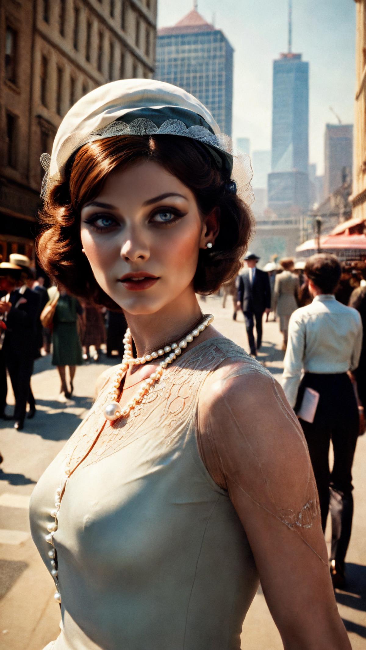 A woman wearing a pearl necklace and a hat walking down the street.