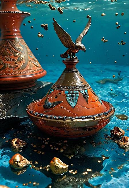 A grand banquet scene submerged in deep, cerulean waters: a tagine’s conical lid, bronzed and encrusted with coral, is held aloft by a gleaming mechanical scarab with articulated bronze wings. Its body hums with soft blue bioluminescence. The tagine’s ceramic sides bear classic black-figure Greek vase motifs, depicting the winged Nike in dynamic stride. Miniature replicas of the Victory of Samothrace are sculpted in relief on the amphora-like body of the pot, accented with glints of gold leaf. Around it, floating feasts of jeweled fruits and swirling spice nebulae cast prismatic reflections in the water. Shafts of light pierce the shipwrecked hull above, illuminating the scene with a divine, underwater glow