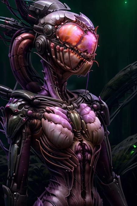 portrait of dark purple crab female person (long neck, slender arms)) massive diadem, bio armor, (luminescen green glowing) floating particles, insect textures, scifi