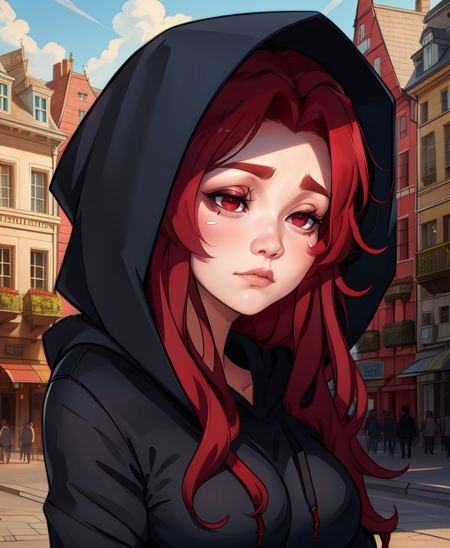 Nachiroux,red eyes,long red hair,bored,solo,
long sleeves,black hoodie,hood up,
fantasy,in town square,morning,
(insanely detailed, beautiful detailed face, masterpiece, best quality),<lora:Nachiroux:0.8>,