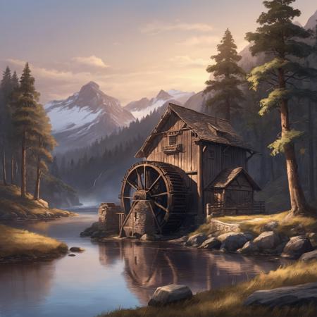 image in xx artstyle of an old wwatermill next to a river and forest, with mountains in the background, at dusk