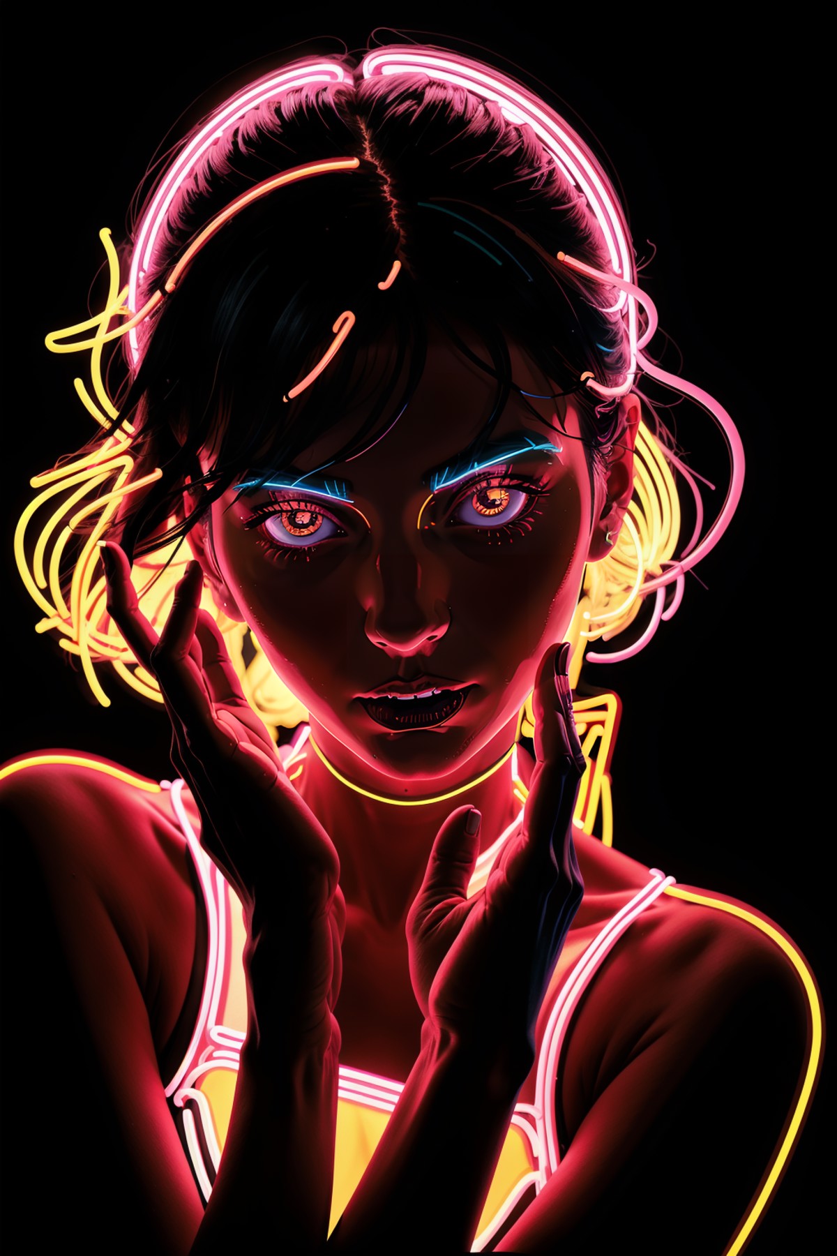 neon_outlines, close up, italian woman, hand to forehead, public park at night, rim lighting <lora:neolin3:0.6> <lora:add_...