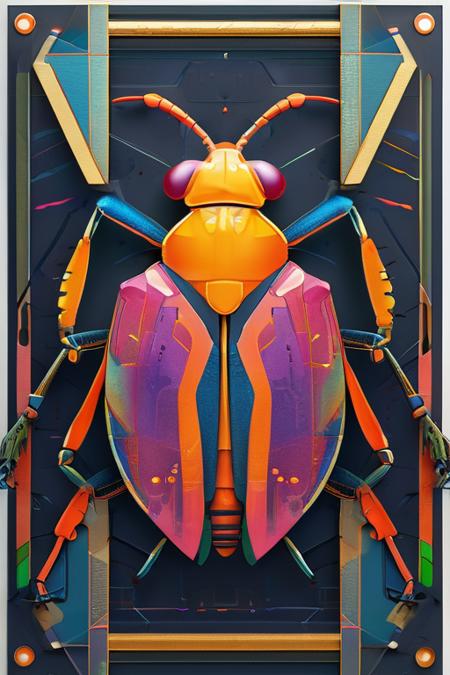 <lora:artfullyinsect_-_v1:0.5>,the front of a new card showing a insect,an abstract graphic of an abstract colorful thing,this colorful illustratio is very abstract,architectural illustrator,colorful minimalism,detailed rendering,fragmented planes,inventive character designs,in the style of multifaceted geometry,in the style of futuristic cyberpunk,hyper-realistic animal illustrations,kimoicore,loose,majestic composition,mechanica,de,gns, textured illustrations, symmetry, staining