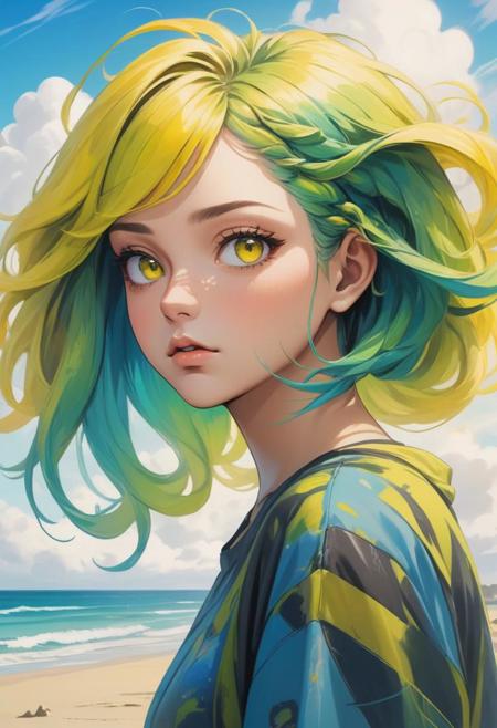 artistic portrait woman, looking at the viewer, (beautiful detailed face:1.4), beautiful long yellow abstract hairstyle, chubby face, streetwear clothings, strange, on the beach, beautiful clouds, blue and green, (vibrant light:1.4), (shadow detailed:1.2), (highly detailed:1.4), anime style, speed art, abstract artistic brush strokes, (beautiful and aesthetic:1.4), masterpiece, realistic surrealist, (surrealist artistic work:1.4), (ultra wide angle:1.6)