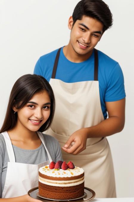 Cheerful young woman and man  presenting a delicious cake. "Isolated on white background", wide shot, apron, sri lankan, uncropped, looking at the cake, "holding a cake together"