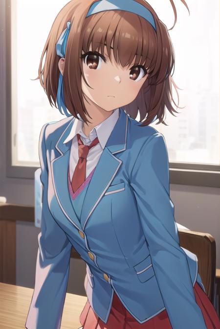 soratakanashi, <lora:sora takanashi s1-lora-nochekaiser:1>,
sora takanashi, short hair, brown hair, ribbon, (brown eyes:1.5), hair ribbon, ahoge, hairband, blue ribbon, blue hairband,
BREAK skirt, school uniform, jacket, necktie, blazer, (pink blazer:1.2), (red skirt:1.2),
BREAK indoors, classroom,
BREAK looking at viewer, (cowboy shot:1.5),
BREAK <lyco:GoodHands-beta2:1>, (masterpiece:1.2), best quality, high resolution, unity 8k wallpaper, (illustration:0.8), (beautiful detailed eyes:1.6), extremely detailed face, perfect lighting, extremely detailed CG, (perfect hands, perfect anatomy),