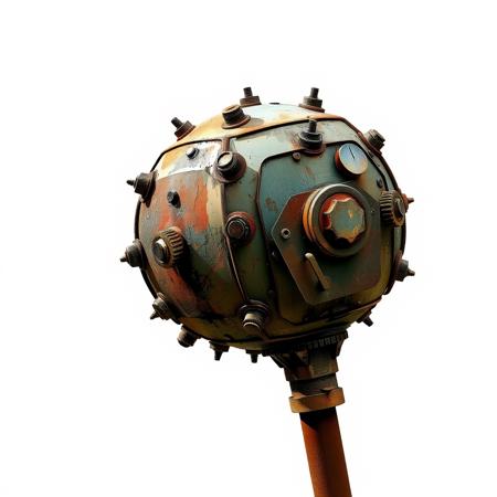 (pure white color background:1.5), single scavenged scrap metal club with a rounded head made from a patchwork of metal plates fastened together with large bolts and nails,  post apocalyptic style<lora:Dieselcore_Flux:0.5>,