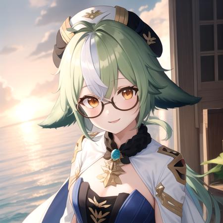 ((masterpiece)),(best quality),official art,extremely detailed CG,unity 8k wallpaper,ultra detailed,A lighthouse on a cliff by the sea,1girl,solo,upper body,(portrait:1.2),looking at viewer,gloves,green_hair,hat,knee_boots,white_footwear,glasses,animal_ears,long_sleeves,long_hair,orange_eyes,gold_trim,multicolored_hair,smile,garter_straps,cat_ears,high_heels,black_thighhighs,semi-rimless_eyewear,ponytail,blue_dress,beret,cape,<lora:Sucrose(gen)>,