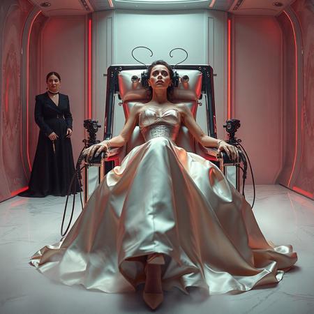 A slender, arrogant  rich norvegian bride, reclined in a polished steel restraint fetish chair, dressed in a luxurious, rich fantasy satin wedding gown with a fitted, boned corset accentuating her ultra-thin waist.and a full, flared skirt, paired with satin high heels, orgasm face. The massive electrodes holding her head pressed to the steel restraint chair headrest,  cabled to a  futuristic superconputer rack. Her hands and ankles are bound to the steel restraint chair   by massive steel restraints,   weird fog from the floor. Two  tall french maids at background. The scene is set in a sterile, empty chamber, with a glossy mother-of-pearl finish, evoking a sense of futuristic dread. Inspired by the cinematic styles of Ridley Scott, Guillermo del Toro, and H.R. Giger, with a blend of sci-fi and horror elements, this full-body portrait is a masterpiece of cinematic storytelling, shot on a virtual v-raptor XL camera, with a warm, film-grained aesthetic, subtle vignette, and rich color grading, reminiscent of 35mm film, with dramatic, atmospheric lighting, inviting the viewer to immerse themselves in this epic, stunning scene.