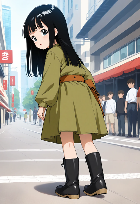 DBS-mai, black hair, long hair, black eyes, DBS-mai outfit,  green dress, belt, black boots,