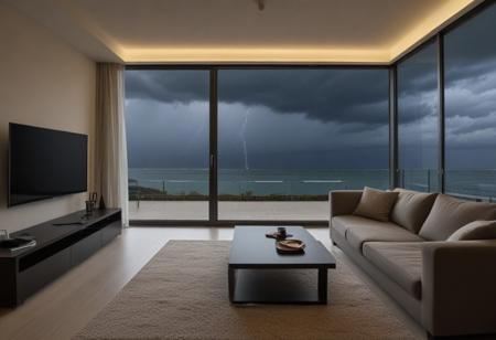 Bedroom, sleek apartment, large windows, sea, beach, thunderstorm outside, dark clouds, evening, plasma tv, living room, sofa, glass table, warm light ambience, coffee
