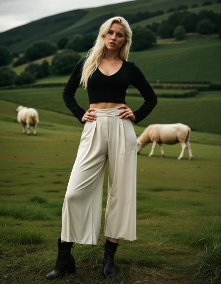 RAW full body analogue photo of a beautiful 25 years old woman, clear focus, high resolution image, (Platinum-blonde Viking woman),  ,wearing culottes with tucked-in blouse, ,,low light, soft natural light, Rembrandt style light, Hasselblad DLSR camera, 200mm Zeiss lens, f/2.8, ,Sexy pose, erotic pose, exhibitionism, ,A peaceful countryside with rolling hills and grazing sheep