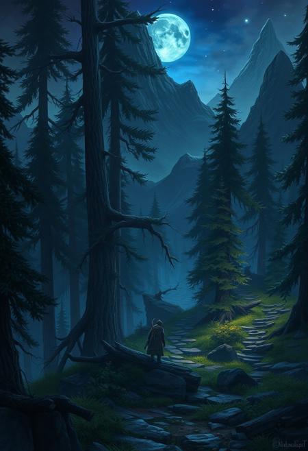 fantasy style, warcraft, video games, night elf, forest, night, mountains, path,
