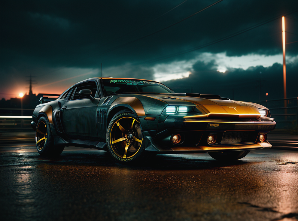 cyberpunk 2077 rusted off-road muscle car with gear and guns attached, dirty, in cyberpunk 2077 urban photoshoot, sunset, running at high speed, glowing lights, speed sensation, well framed at middle range, (knobby tires), slammed, extreme detail, illegal battle car, extreme photorealistic, 3D, 8k, Hyper detailed car, perfect soft lighting, great lighting, car photography, fisheye lens, raining, reflection, octane render, high quality, <lora:more_details:1.2>