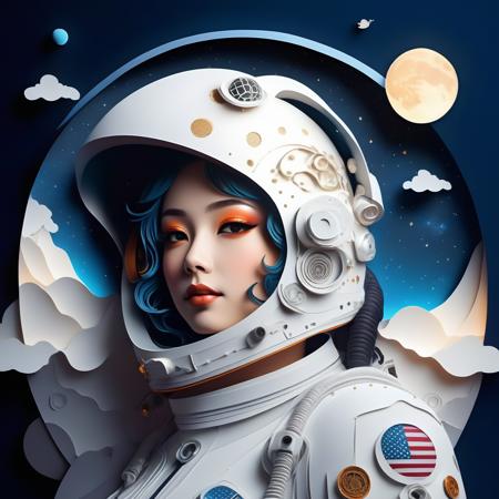 (((masterpiece,best quality,an extremely delicate and beautiful,illustration))),
(from side,medium long shot),
((a cute_detailed_girl in spacesuit,beautiful_detailed_face in aerospace_helmet)),(((upper body))),(disheveled hair:0.3),
(((clouds:0.3),multiple_luna,(floating_fortress technology machinery),night sky background)),
(cyberpunk_aerospace_helmet)
paper cuttings art,<lora:paper_cuttings_art:1>,