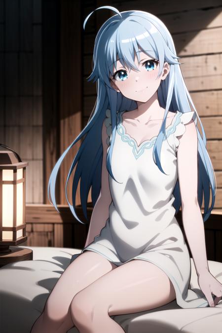 best quality, masterpiece, detailed,
<lora:chara_BenriyaSaitousanIsekainiIku_Lafanpan:0.8>, lafanpan,
closed mouth, light smile, light blush,
blue hair, long hair, ahoge, blue eyes,
collarbone, night dress, frills,
sitting, looking at the viewer, head tilt,
on bed, lantern, wooden wall, white sheet