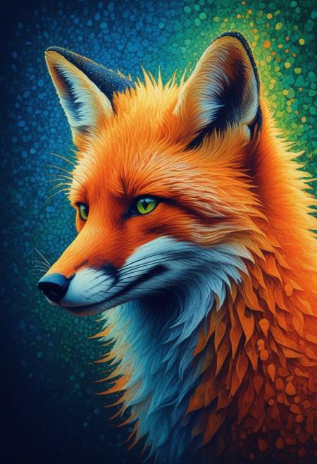sfw. pointillism art. vivid colors. (Fox silhouette)) with wild hair. dramatic blue green orange split-tone lighting