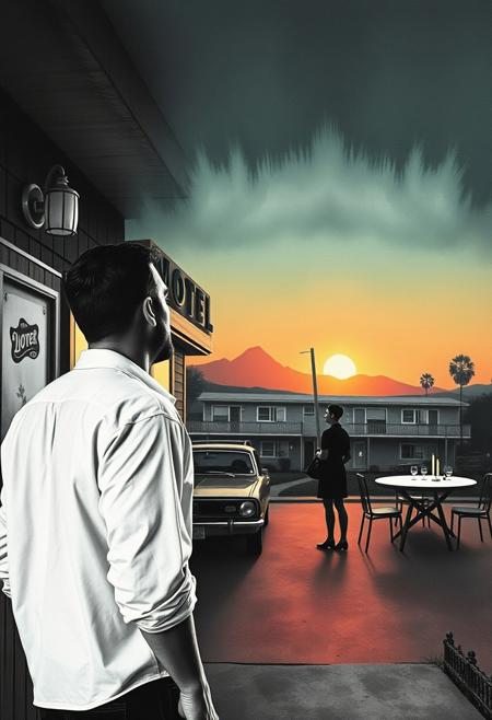 A quiet roadside motel with wooden paneling and mid-century decor, where a traveler in a crisp white shirt gazes at the setting sun.
surreal conceptual photography, black-and-white cut-out figures, painterly watercolor abstraction, dreamlike storytelling, whimsical existential themes, theatrical surrealism, symbolic landscapes, vibrant fluid colors, miniature human interactions, poetic absurdity, introspective yet playful, bold contrasts, emotionally expressive composition, imaginative color flow, surreal visual poetry