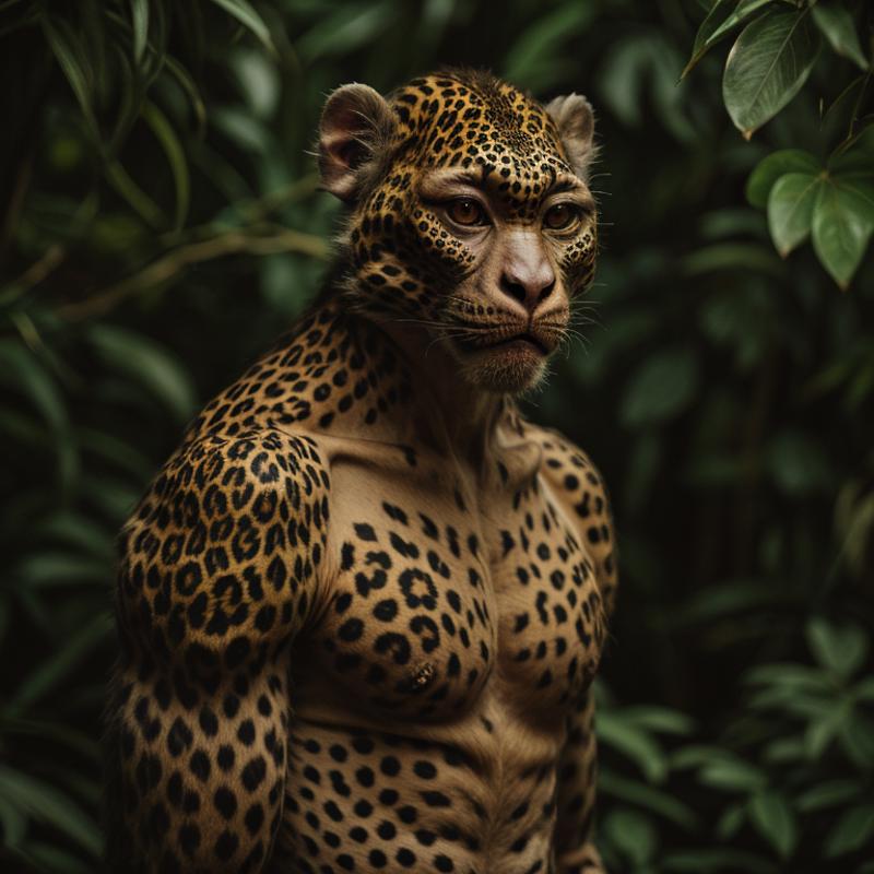 A man with a leopard face tattoo standing in the woods.