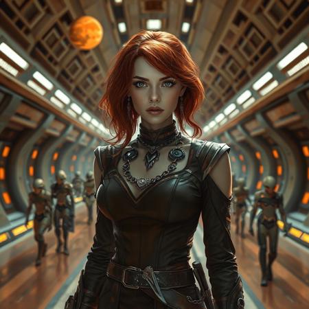 Hyperrealistic portrait of a woman with red hair, wearing noble and futuristic clothes of a exstreamly detailed and futuristic jewellery with a small  blade in the waist and a thinking attitude looking at the camera in a large corridor of a large spaceship with the silhouette of an orange planet in the background. variety of aliens all around her walking and going about the business.