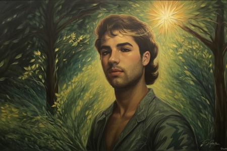 An exquisite Anibal portrait emerges, capturing the essence of a man radiating with a unique aura. The fantastical depiction unveils a dreamlike scene set in a lush forest, where warm sunrays dance upon the subject's countenance. This remarkable image, perhaps a masterfully crafted painting, evokes a sense of mesmerizing beauty and otherworldly enchantment. The artist's attention to detail is striking, as delicate brushstrokes bring to life the subject's intricate features, from the glimmering intensity in his eyes to the gentle lines etched upon his weathered face. The composition brims with a profound, magical atmosphere, leaving viewers captivated by the rich textures and ethereal qualities effortlessly captured within this masterwork.