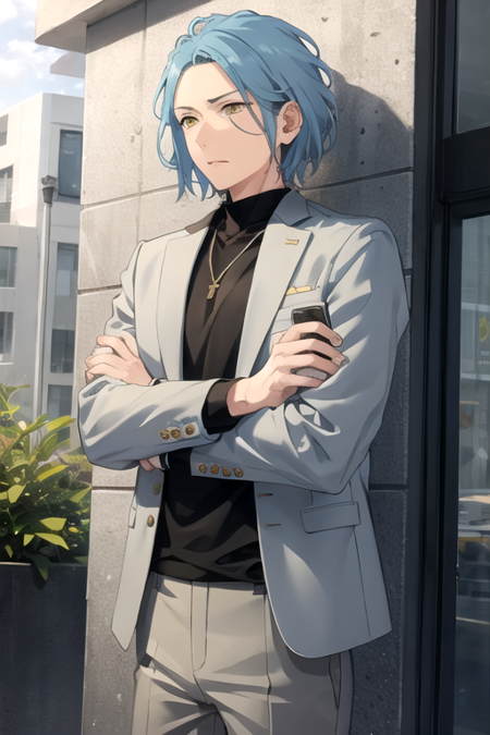 <lora:HiMERU:0.7> , himeru, solo, short hair, shirt, 1boy, holding, jewelry, blue hair, jacket, yellow eyes, white shirt, male focus, pants, necklace, phone, black pants, crossed arms, cellphone, plant, smartphone, holding phone, grey jacket