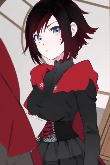 rubyrose, <lora:rubyrose-lora-nochekaiser:1>,
ruby rose, short hair, black hair, red hair, (grey eyes:1.5),
BREAK dress, pantyhose, cape,
BREAK looking at viewer,
BREAK outdoors,
BREAK <lora:GoodHands-vanilla:1>, (masterpiece:1.2), best quality, high resolution, unity 8k wallpaper, (illustration:0.8), (beautiful detailed eyes:1.6), extremely detailed face, perfect lighting, extremely detailed CG, (perfect hands, perfect anatomy),