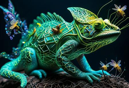 Lazypos, Surreal Harmony,
Chameleon with long tongue, catching bee,
neon, wires, a build of sacred geometry, a neon color giving an ethereal glow in each separate completed, outlined by neon wires, Masterpiece