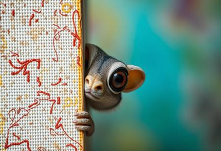 A whimsical creature peeks into the right side of a vertical canvas, its large, curious eyes staring directly into the frame as if observing the viewer. The frame itself appears to bend slightly, reacting to the creatureâs playful presence, creating the illusion that itâs part of the scene, Vibrant Glow