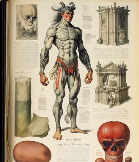 full page scan of 1800s detailed anatomy book medical,  mysterious symbols around, text, scribbles and text-notes, ancient demon anatomy watercolor illustrations, cross-section of a demon body vivisection, style of Kim Jung Gi, ancient writing, old white paper, sheet page scan, Jan Matejko ADOLPHE MILLOT