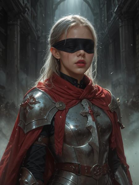 A battle-worn silver-haired warrior stands resolute in a storm of swirling shadows, her eyes bound by a tattered crimson blindfold that flutters against her scarred cheeks. Gripped in her calloused hands is an enormous obsidian greatsword, its blade etched with pulsating blood-red runes that cast an eerie glow across her armored form - revealing every scratch on her articulated crimson plate and every strand of her moonlit hair. Beads of sweat trail down her weathered yet elegant face, catching the dim light as she tenses for an unseen threat. The dramatic chiaroscuro lighting carves her silhouette against a fog-choked battlefield, vertical composition emphasizing her lone defiance against towering, half-glimpsed horrors in the darkness. Dark fantasy atmosphere drips from every detail: the faint spectral whispers around her sword, the way her armored boots sink slightly into cursed earth, the unnatural bend of shadows suggesting movement just beyond human perception. 8K hyper-detailed render blending the grittiness of 'Berserk' with the refined character design of 'Fire Emblem', trending on ArtStation for its masterful tension between vulnerability and overwhelming power, <lora:Dramatic Lighting Slider:1>, <lora:MoriiMee_Gothic_Niji_Style__Pony_LoRA_V2_Alt:1>, morimee_style