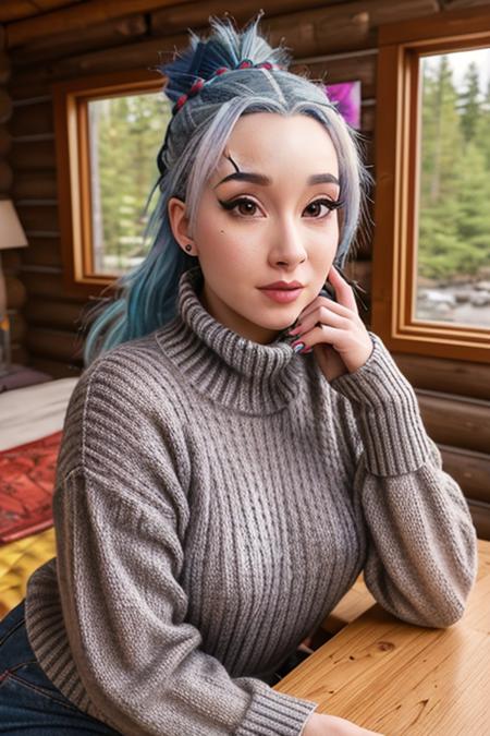 portrait of DEN_aelflaed_SG wearing a woollen turtle neck jumper and jeans in a log cabin, high neck, jumper, woollen jumper, jeans, trousers,
headshot, centre frame, face focus, head focus,
photorealistic, high detail, detailed, realistic, intricate,