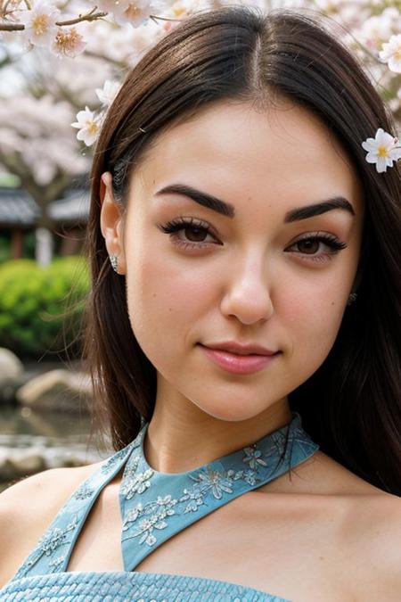 Photograph, close up, beautiful Koh_SashaGreyv2, in zen garden wearing intricate blue dress, perfect face, perfect eyes, smiling, sharp focus, Japanese courtyard background, sakura, lilly, flowers, blue sky, water, koi