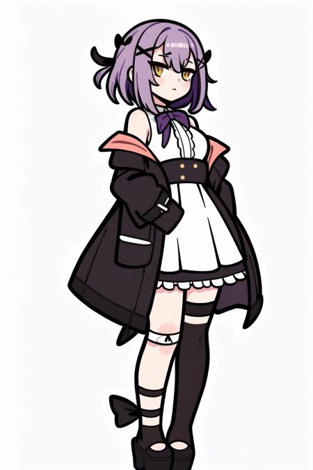 <lora:cutememe02:1>, 1girl, solo, purple hair, yellow eyes, dress, jacket, black jacket, hair ornament, virtual youtuber, full body, ribbon, white background, short hair, white dress, black footwear, looking at viewer, simple background, platform footwear, off shoulder, bangs, long sleeves, closed mouth, standing, black ribbon, bandages, sleeves past fingers, hair ribbon, frills, sleeves past wrists, shoes, hairclip, x hair ornament, thigh strap, bandaged leg, open jacket, open clothes, blush