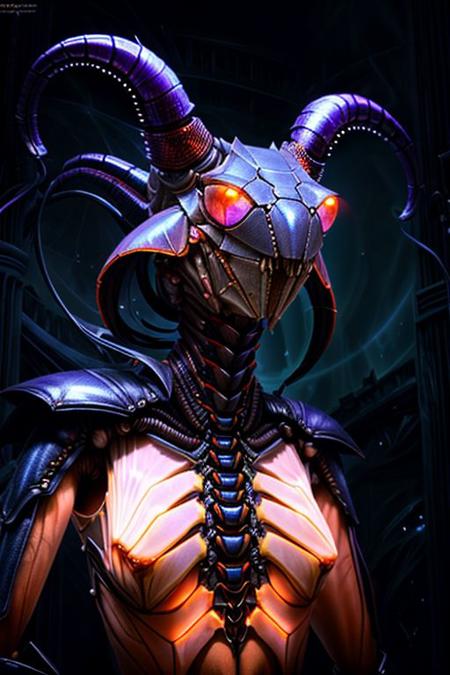 portrait of crab mantis female, (long neck, slender arms)), bio armour, massive headdress, horns, luminesce glowing, dark blue cathedral interior background atmosphere,