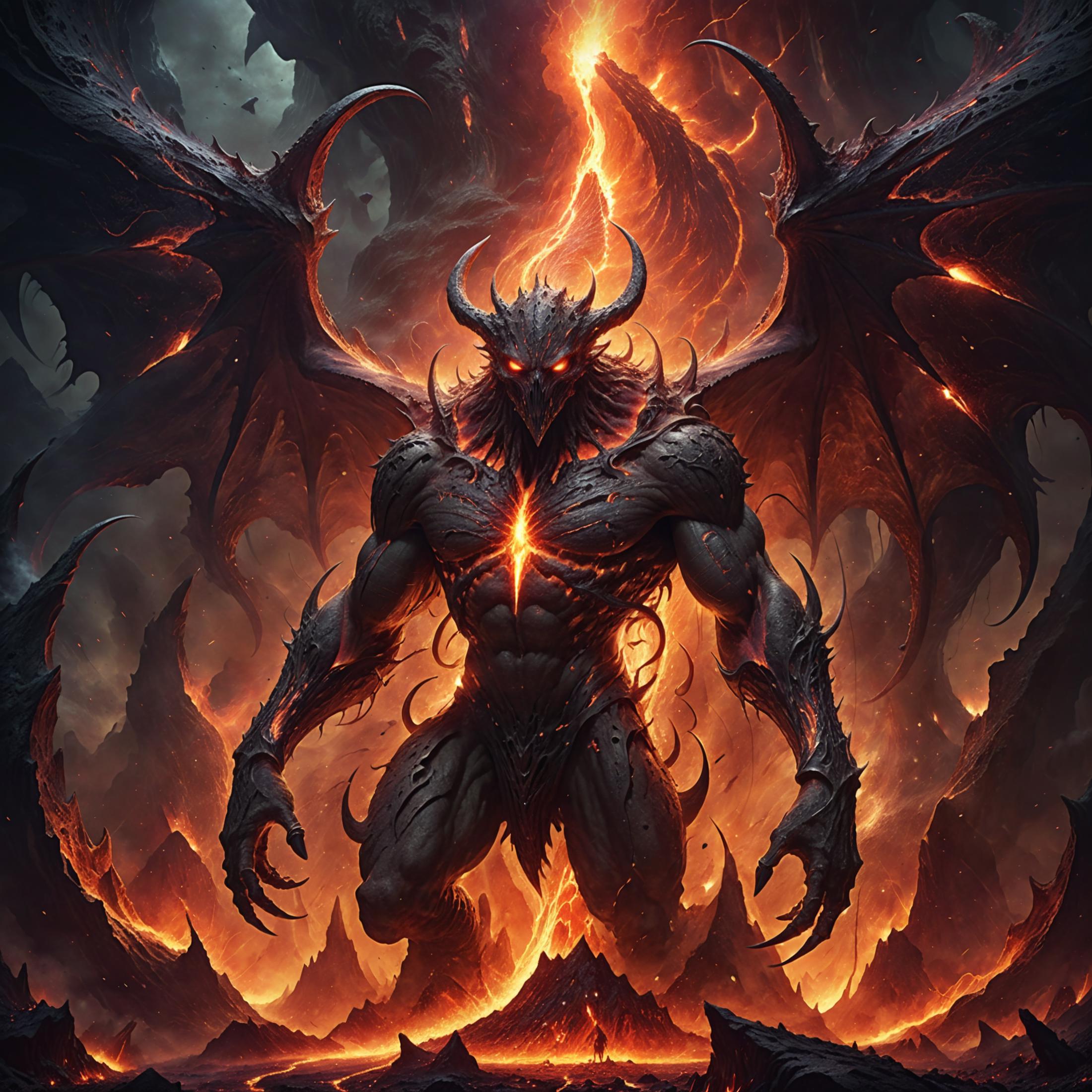 A demonic creature with horns and a sword stands in a fiery background.