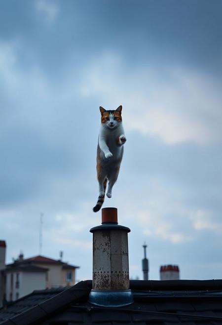 (Soft Lighting Photography by Mimoza Veliu and Mario Giacomelli:1.2), NSFW, a photo depicts a cat is jumping from one roof to another roof between buildings in Paris, windy,