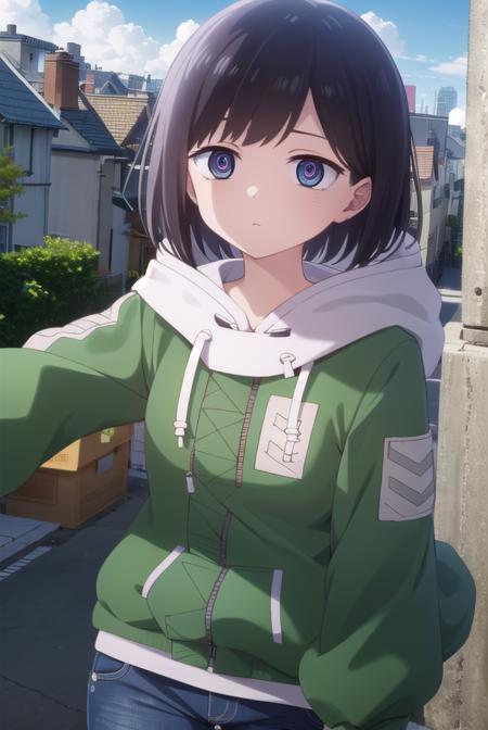 kanaichikawa, <lora:kana ichikawa s1-lora-nochekaiser:1>,
kana ichikawa, short hair, bangs, blue eyes, black hair, (ringed eyes:1.5),
BREAK jacket, hood, hoodie, hood down, drawstring,
BREAK outdoors, city, sun, sky, clouds,
BREAK looking at viewer, (cowboy shot:1.5),
BREAK <lyco:GoodHands-beta2:1>, (masterpiece:1.2), best quality, high resolution, unity 8k wallpaper, (illustration:0.8), (beautiful detailed eyes:1.6), extremely detailed face, perfect lighting, extremely detailed CG, (perfect hands, perfect anatomy),