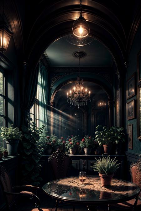 dining room gothic style, plant, flower, mirror, glass, mechanic, red light, spider web, vines, lens flare, dim light, epic, dramatic light, fog, dawn, dark, spooky, <lora:ARWBedroomGothic:1> <lora:add_detail:1> <lora:epi_noiseoffset2:0.6>