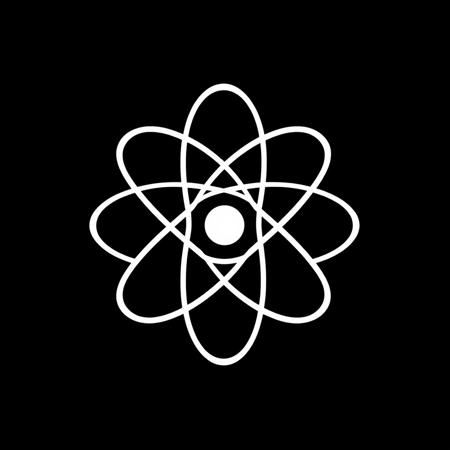 (stylized logo, emblem, vector art), (schematic representation of an atom), (solid colors, thick-linework), white outline, black background, 
atom symbol white in the center, heraldic, black background, HDR, UHD,